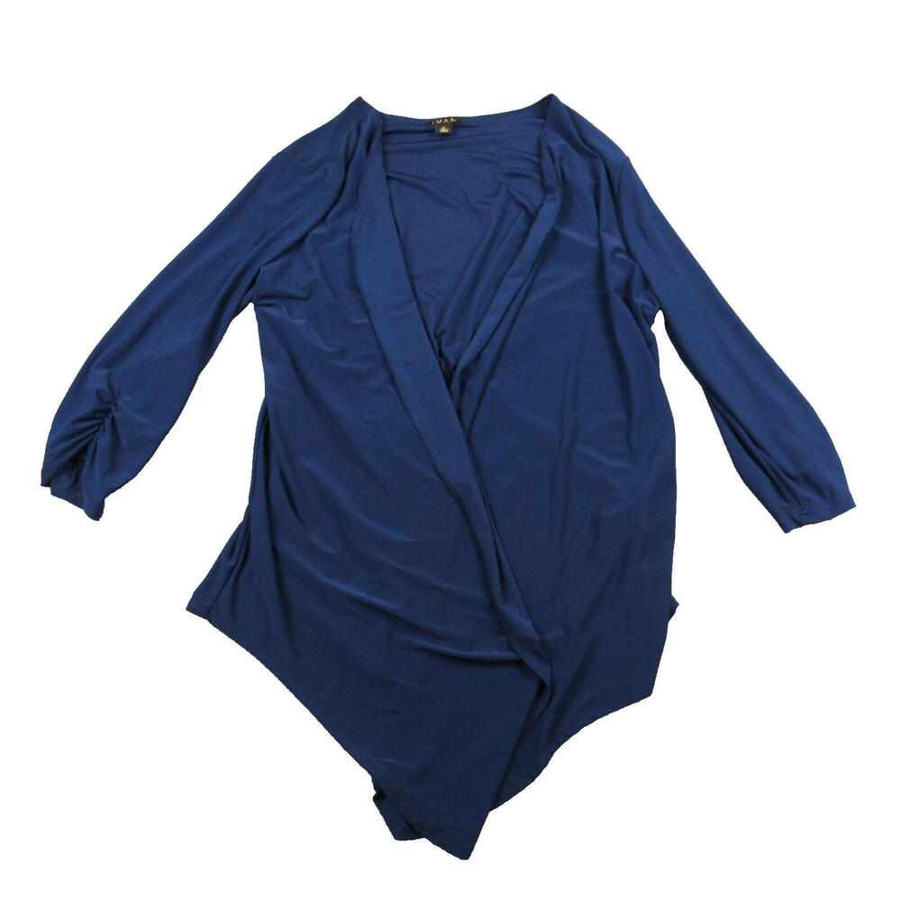IMAN Women's Blue Long Sleeve Ruched Asymmetrical Hem Cardigan Sweater‎ 1X